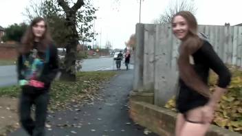 Naughty brunette teen babe Leyla pissing outdoors